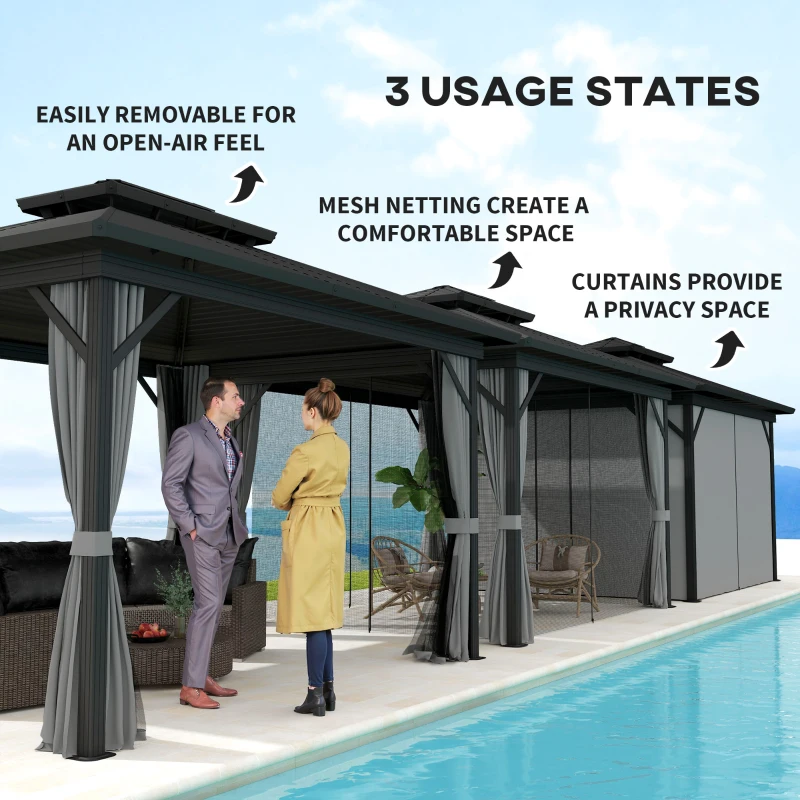 Outsunny 10' x 12' Hardtop Gazebo, Sun Shelter with Double Tier Metal Roof, Mosquito Netting, and Hanging Hook, Light Grey