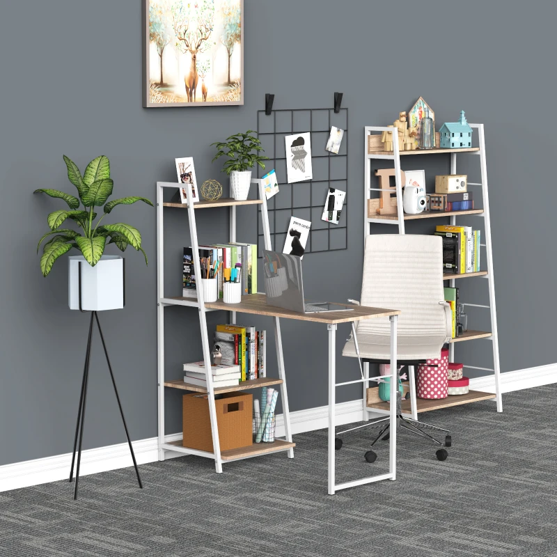 HOMCOM Computer Desk with Storage Sheves and Foldable Tabletop, Writing Desk for Home Office and Study, White, Natural