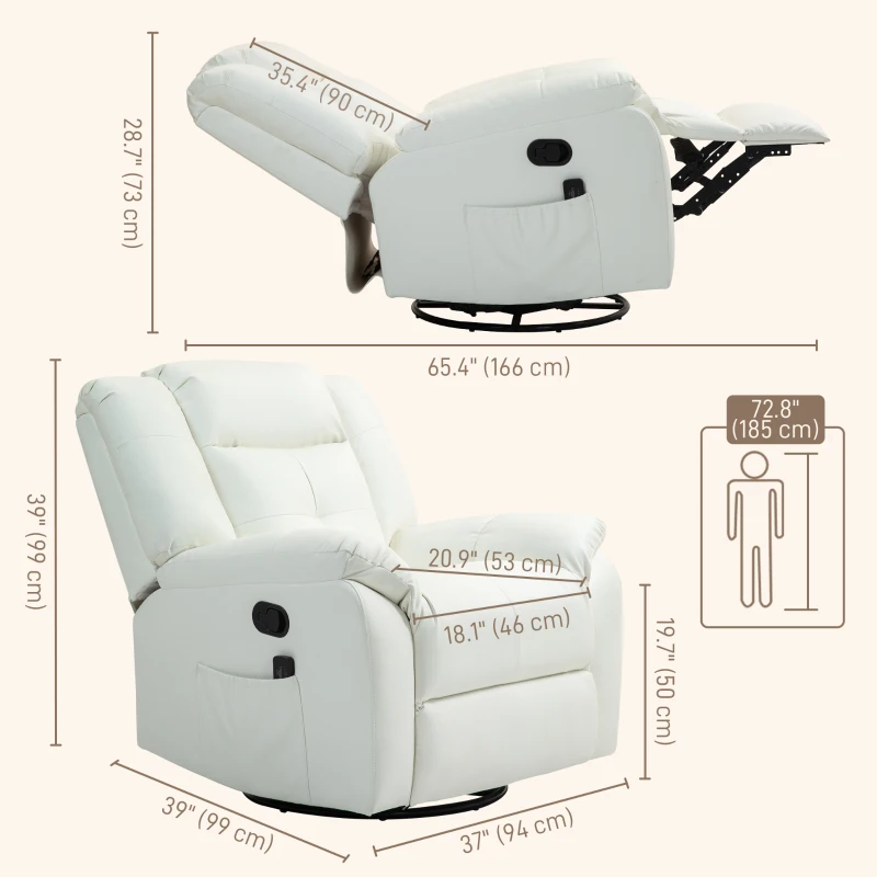 HOMCOM 8-Point Vibration Massage Recliner Chair, PU Leather Manual Reclining Sofa, Swivel Nursery Rocking Chair with Remote Control, Side Pockets, for Living Room, Cream White