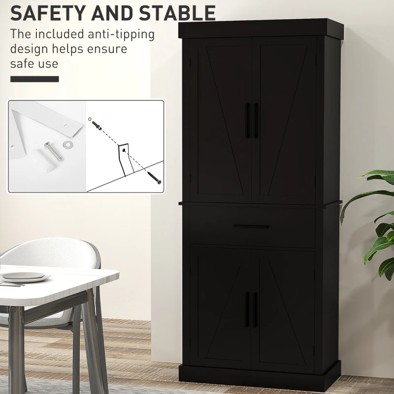 HOMCOM 72" Kitchen Storage Cabinet, Farmhouse Kitchen Pantry Cabinet with 4 Barn Doors, Drawer, Adjustable Shelves, Black