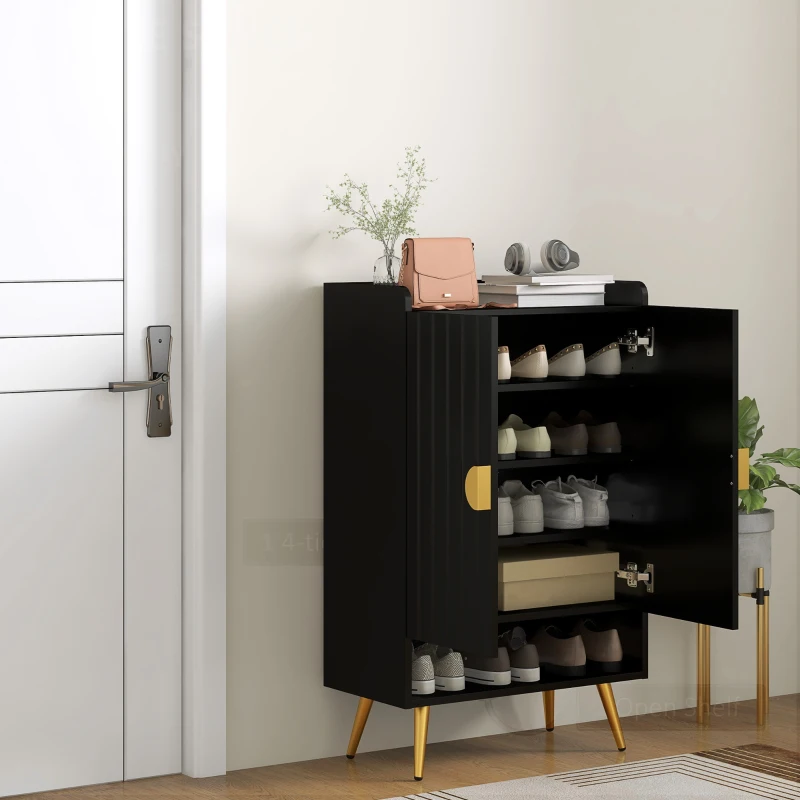 HOMCOM Entryway Shoe Storage Cabinet, Narrow Shoe Cabinet with Adjustable Shelves and Open Shelf for 15 Pairs of Shoes, Black