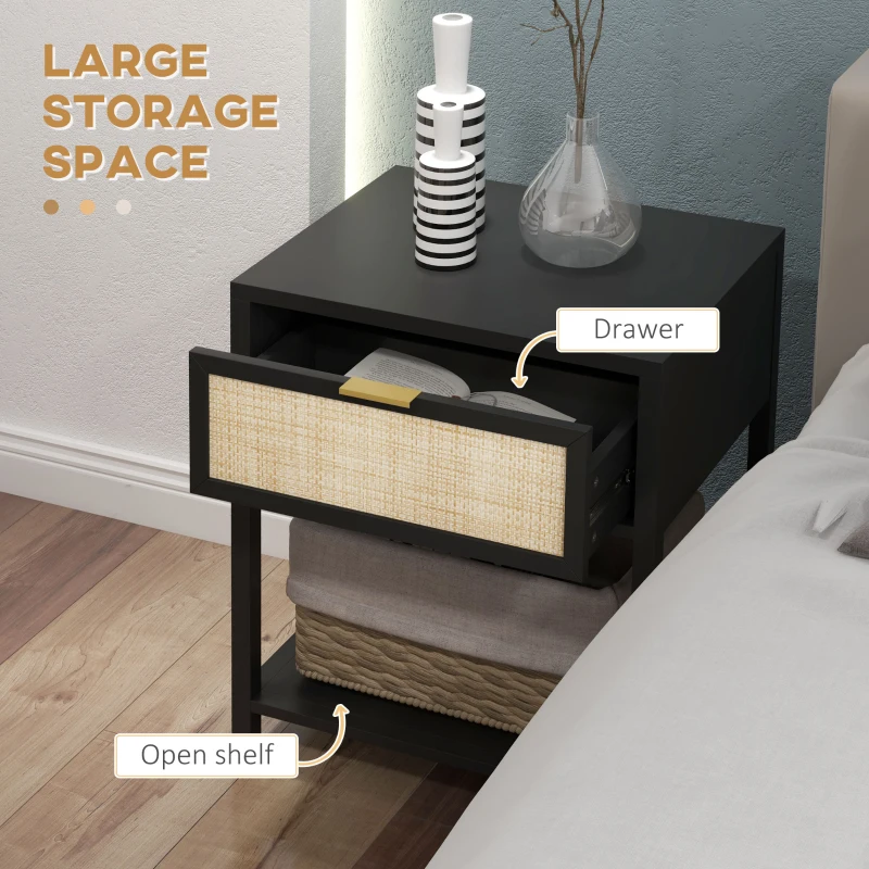 HOMCOM Boho Nightstand, Bedside Table with Rattan Drawer and Open Shelf, Side End Table for Bedroom, Living Room, Black