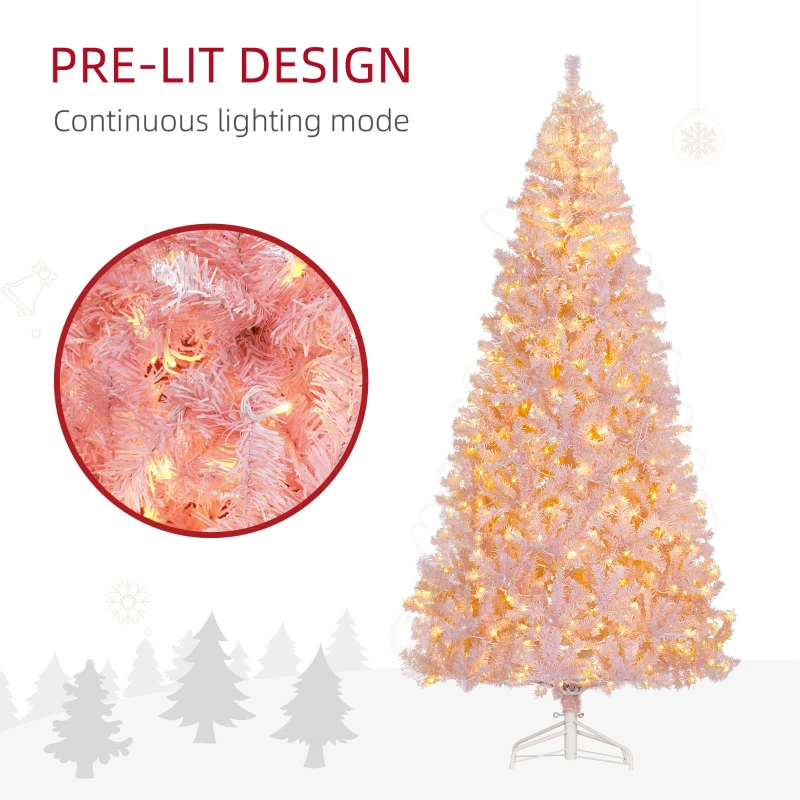 HOMCOM 7.5 FT Tall PreLit Artificial Christmas Tree with Realistic Branches, 500 Warm White LED Lights and 1346 Tips, Pink