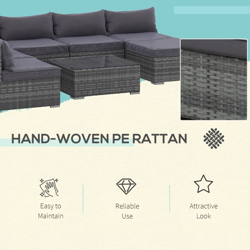 Outsunny Patio Furniture Set, 8 Pieces, Sectional Sofa, All Weather PE Rattan Conversation Set, Tempered Glass Table, 6 Seats, Ottoman Footstool, Cushions for Lawn, Backyard, Gray