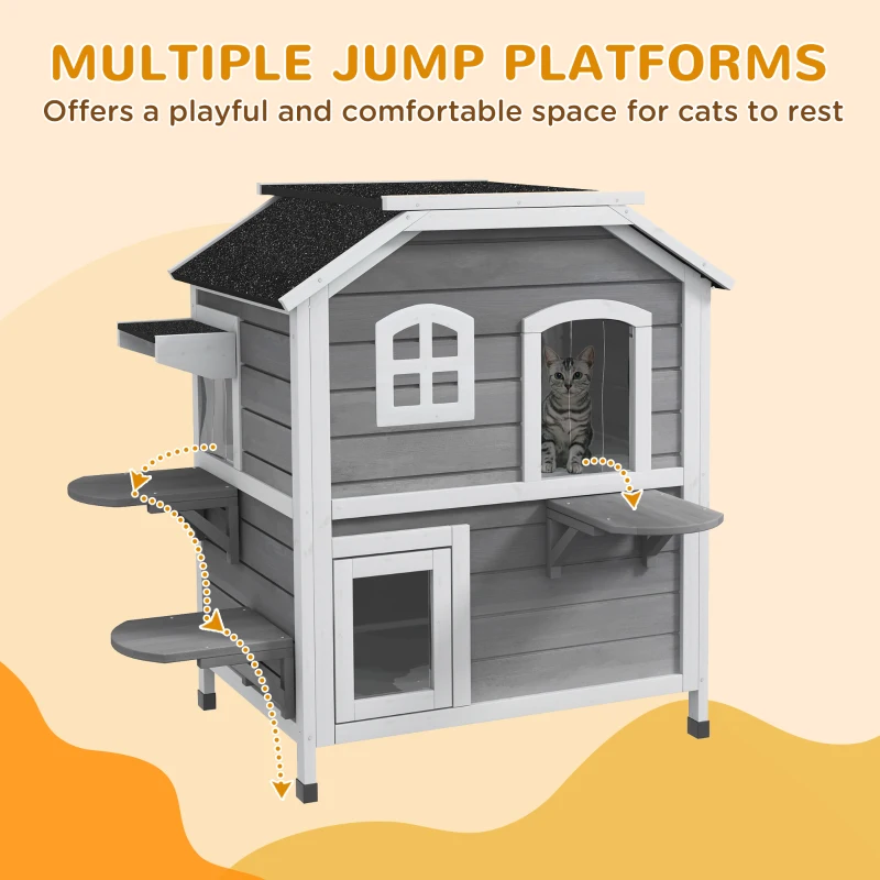 PawHut 2-Storey Outdoor Cat House, Wooden Catio with Openable Roof, Lounge Space, Fun Entrances, for Feral Cats, Grey