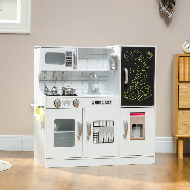 Qaba Pretend Play Kitchen, Kids Kitchen Playset with Play Phone, Chalkboard, Towel Rack & Ice Maker for 3-8 Years White
