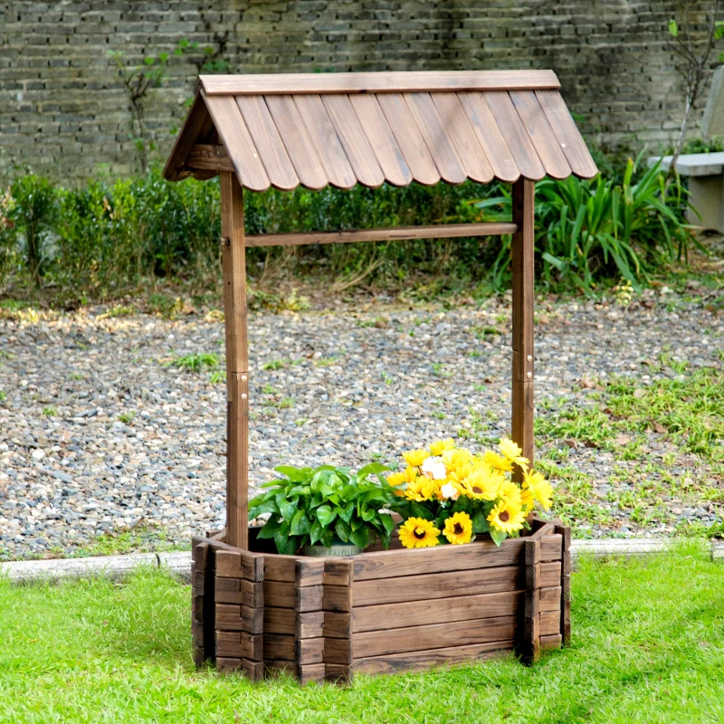 Outsunny Wooden Wishing Well Garden Bed, Rustic Outdoor Flower Planter Patio Ornamental for Plants, Herb, Vegetables, Rustic Brown