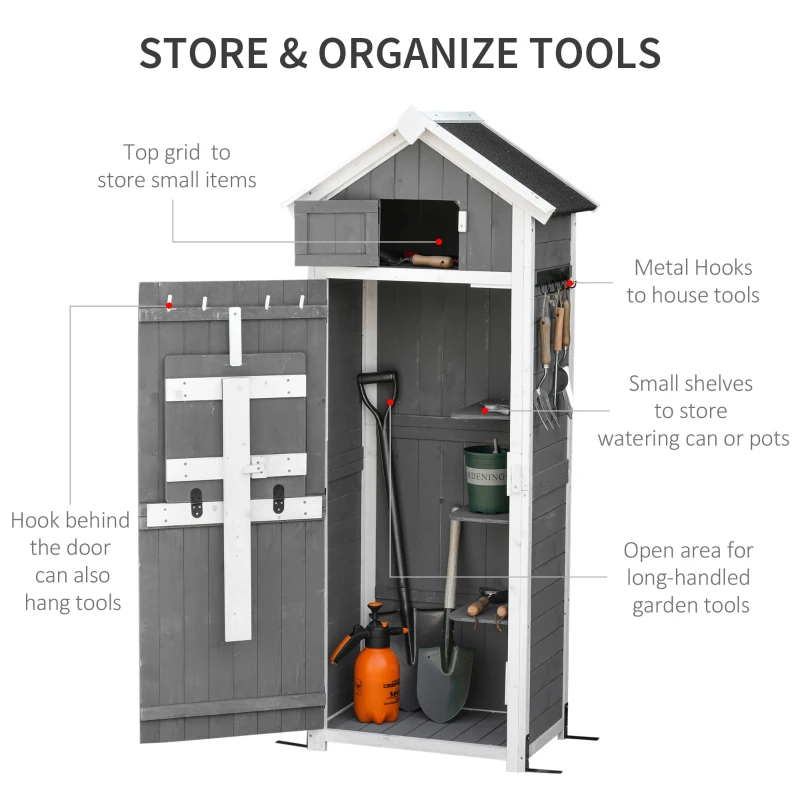 Outsunny 30.75''x 20.75''x71.75'' Garden Wood Storage Shed with Workstation, Hooks and Ground Nails Multifunction Lockable Sheds & Outdoor Storage Asphalt Roof Tool Organizer, Grey