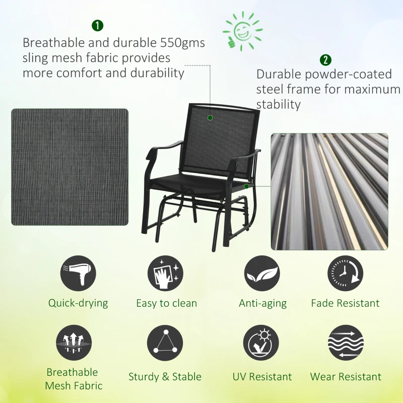 Outsunny 3 Piece Patio Glider Set Outdoor Gliders with Breathable Mesh Seat, Glass Top Table for Garden, Yard, Black