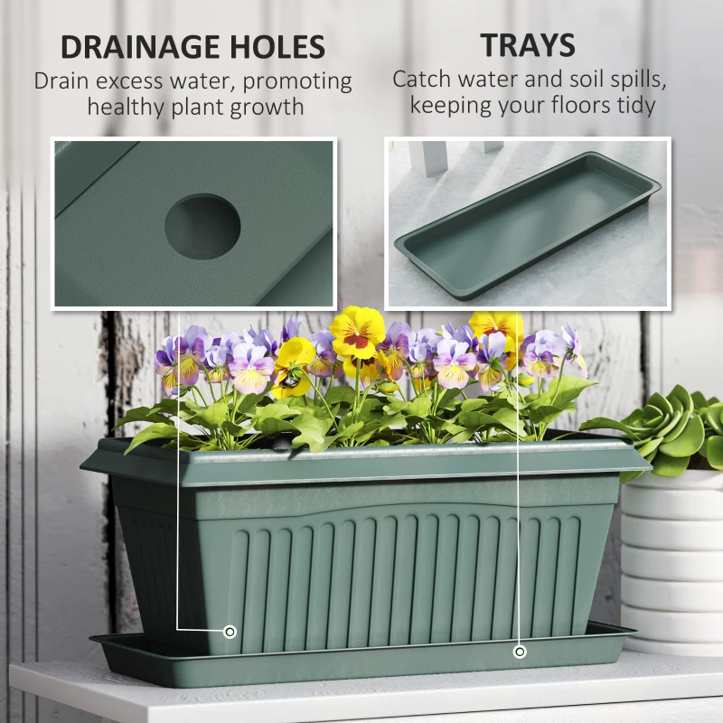 Outsunny 7 Pack 15.7" Plastic Flower Planters with Drainage Holes and Trays, Plant Pots for Indoor Outdoor Plants, Green