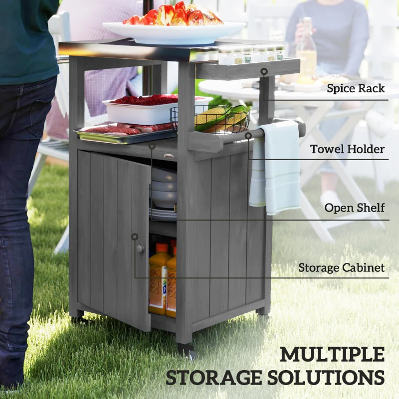 Outsunny Outdoor Grill Cart with Stainless Steel Top, Solid Wood Outdoor Kitchen Island with Wheels, Integrated Hole, Dark Gray