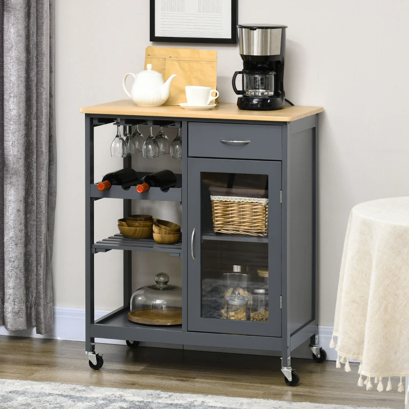 HOMCOM Rolling Kitchen Island with Storage, Kitchen Cart with 4-bottle Wine Rack, Bar Cart with Stemware Holder, Shelves, Drawer and Cabinet, Gray