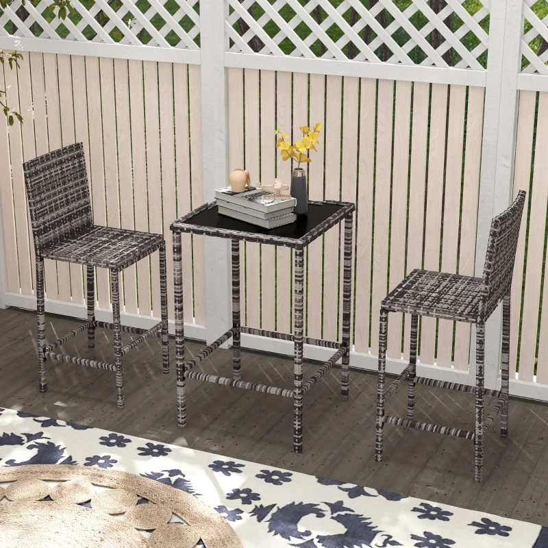 Outsunny 3 Piece Patio Bar Set Wicker Rattan Garden Bistro Set Barstool and Table for Patio Backyard Balcony Poolside, Grey