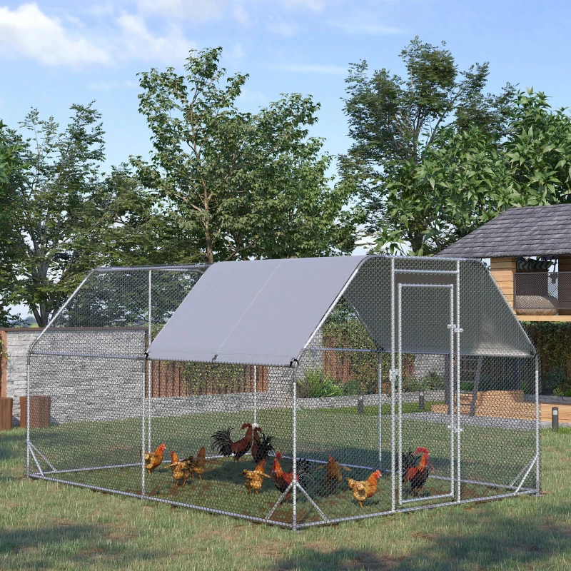 PawHut Chicken Run, Galvanized Large Metal Chicken Coop Cage, Walk-in Enclosure Poultry Hen Run House Playpen Rabbit Hutch with Flat Roof, Cover, 9.2' x 12.5' x 6.5', Silver