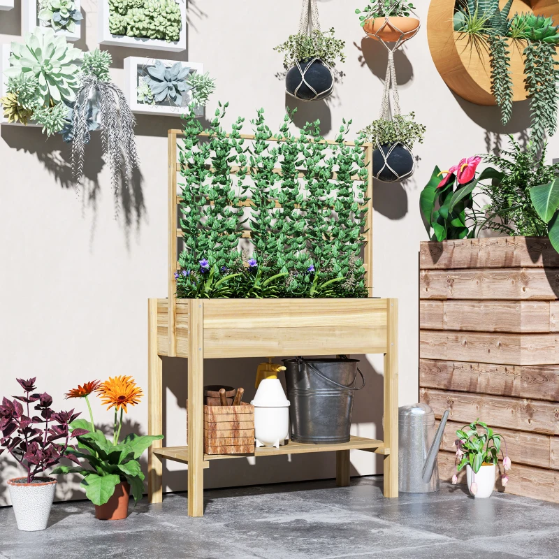 Outsunny Wooden Raised Garden Bed with Trellis, Outdoor Planter Box with Storage Shelf for Vegetables, Flowers, Herbs