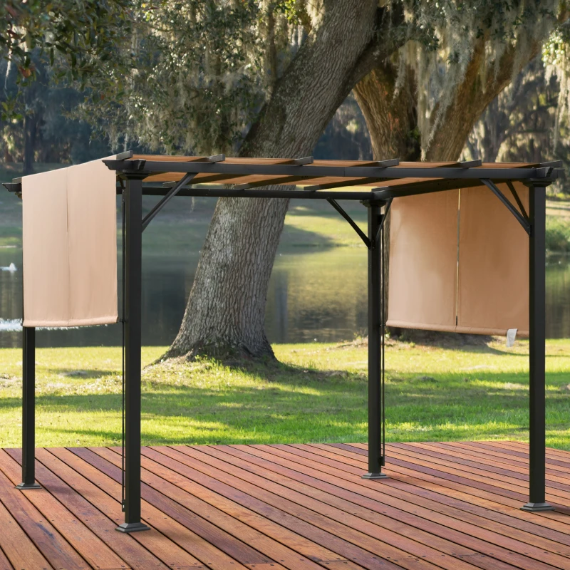 Outsunny 10' x 10' Retractable Pergola Canopy, Outdoor Gazebo with Sun Shade Canopy and Steel Frame, for Backyard, Garden, Patio, Deck, Brown