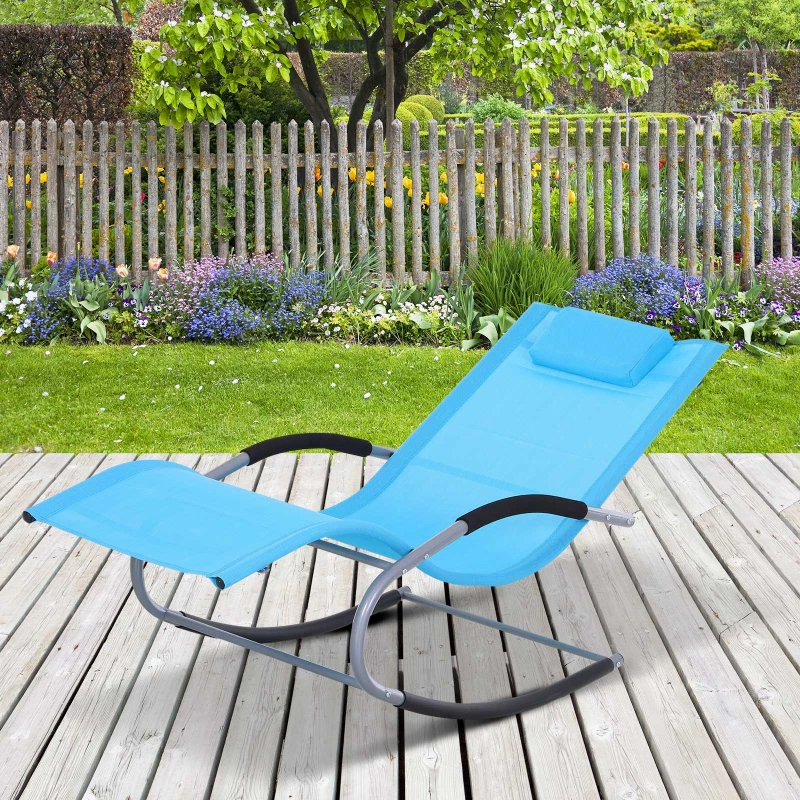 Outsunny Zero Gravity Rocking Chair Outdoor Chaise Lounge Chair Recliner Rocker with Detachable Pillow and Weather-Fighting Fabric for Patio, Deck, Pool, Light Blue
