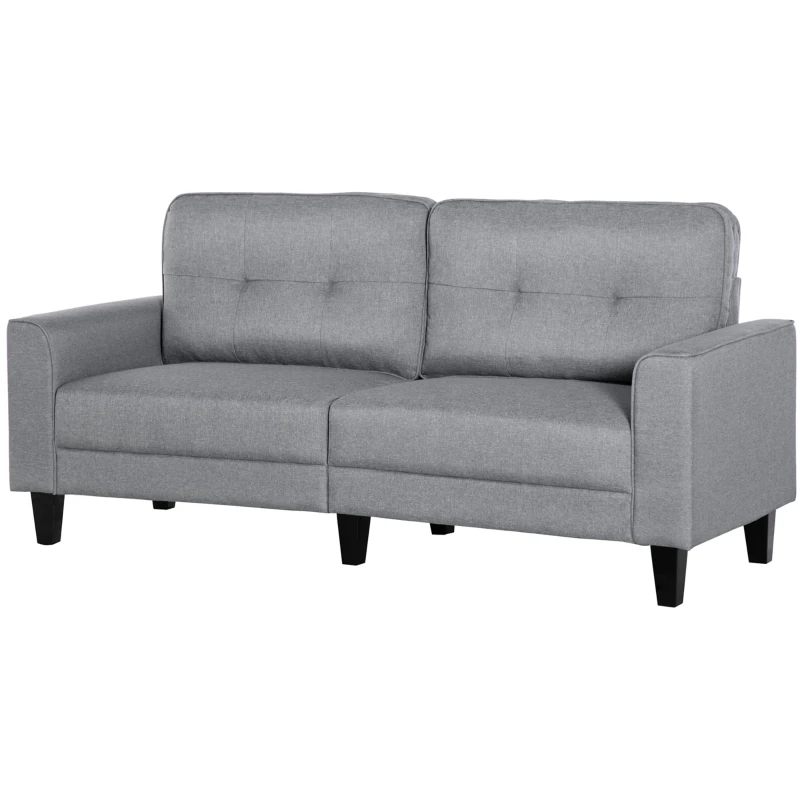 HOMCOM 3-Seater Sofa, Mid-Century Linen Couch with Upholstered Seat, Button-Tufted Back Cushion and Rubber Wood Legs for Living Room, Bedroom, Gray