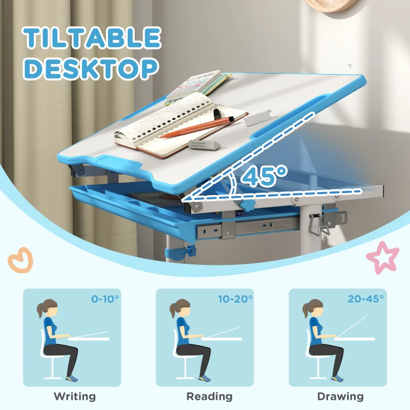 Qaba Height Adjustable Study Table and Chair Set with Drawer, Pen Slot, Tiltable Desktop, Hook, Blue