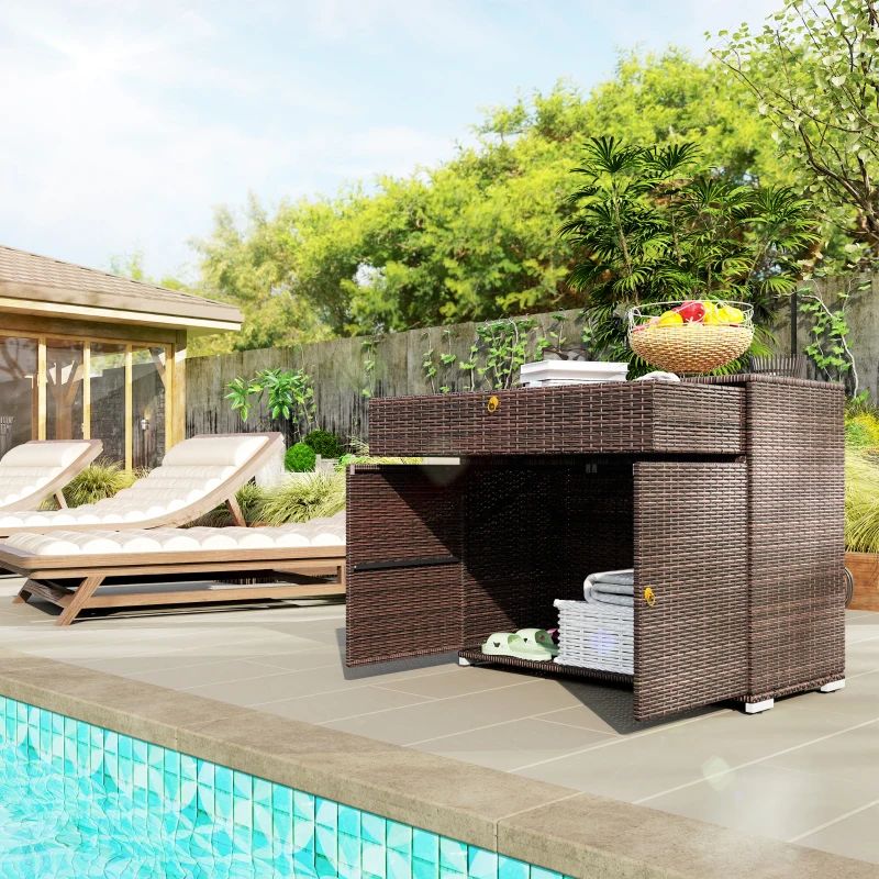 Outsunny Outdoor Storage Cabinet, Waterproof PE Rattan Cabinet with Drawer for Indoor, Outdoor Swimming Pool, Mixed Brown
