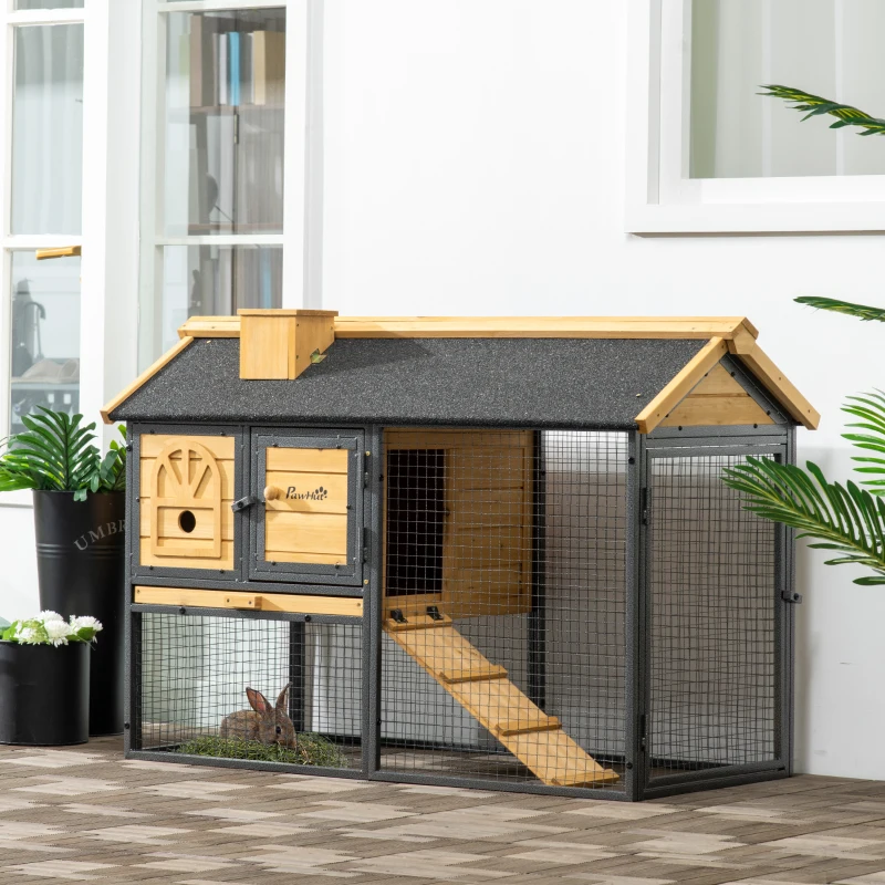 PawHut 47" Wooden Rabbit Hutch Outdoor with Run, Metal Frame, 2-Story Bunny Rabbit Cage with Removable Tray, Ramp, Bunny Hutch with Space-Saving Design for Rabbits, Chickens, Ducks
