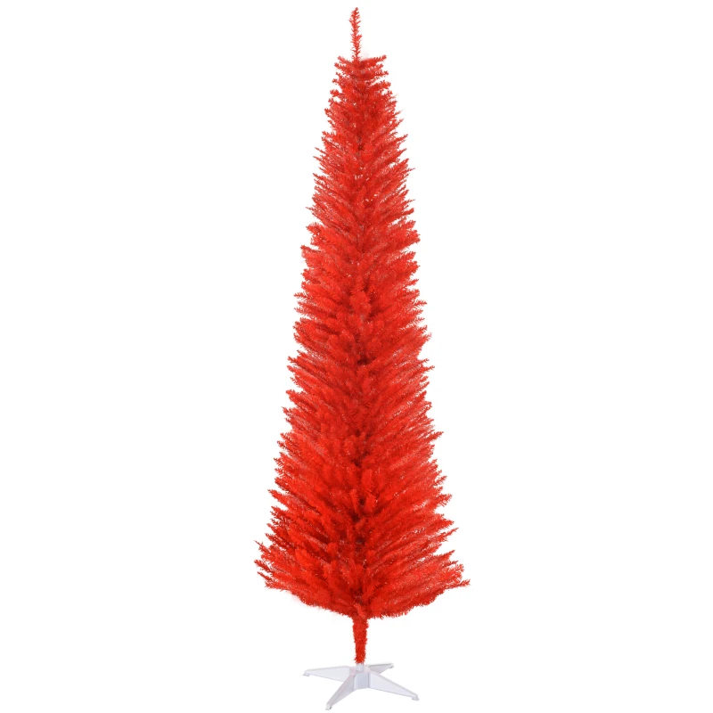 HOMCOM 7FT Decorated Christmas Tree, Pencil Christmas Tree with 499 Realistic Branch Tips and Plastic Stand, Red