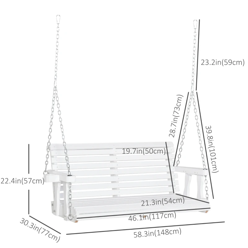 Outsunny 2 Seater Porch Swing Wooden Patio Swing Chair Seat with Cup Holder and Chains Outdoor Swing Bench for Garden Yard, White