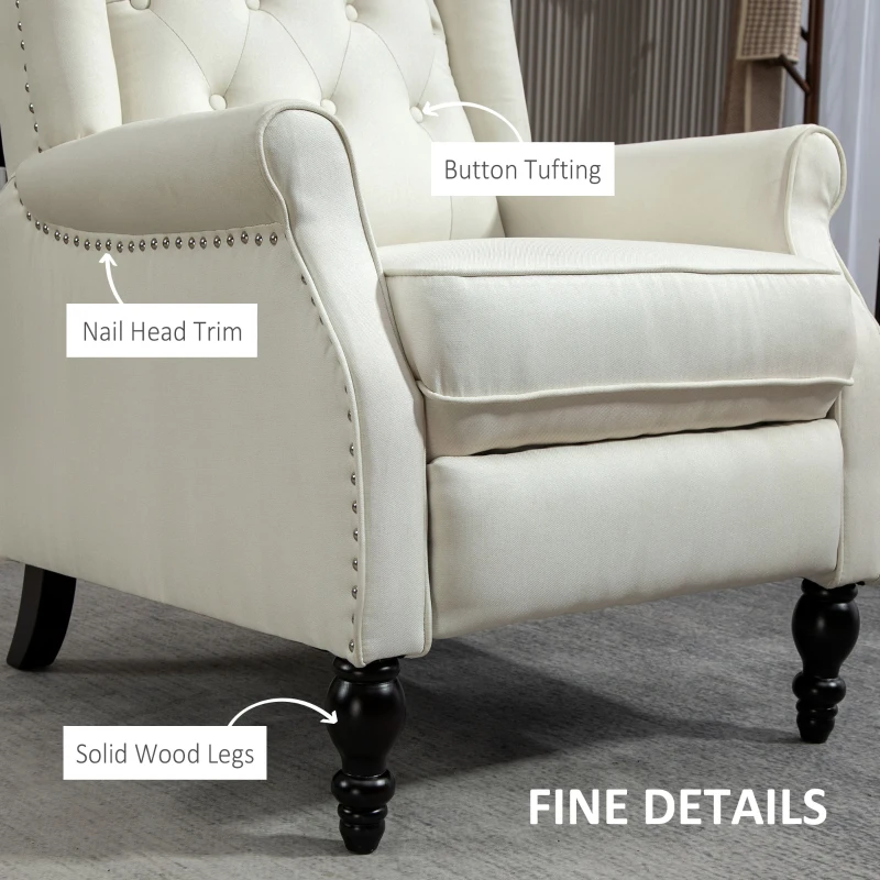 HOMCOM Wingback Reclining Chair with Footrest, Button Tufted Recliner Chair with Rolled Armrests for Living Room, Cream White
