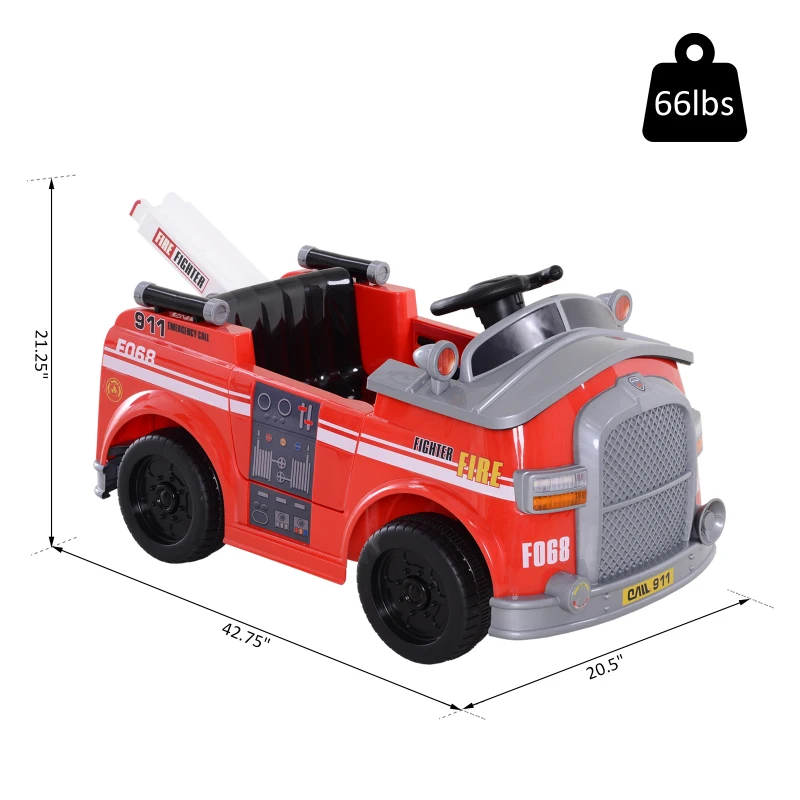 Aosom Kids Ride-On Car Fire Truck, 6V 7AH Battery Powered Fire Car with Parental Remote Control, Safety Belt, Lighting, Working Steering Wheels, Horn and Lift Ladder (Red)