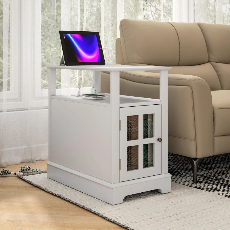 HOMCOM Narrow Side Table End Table with Charging Station, USB Ports, Modern End Table with Storage for Living Room, White