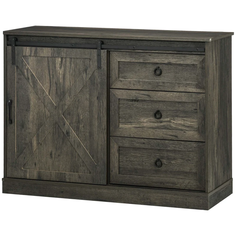 HOMCOM Farmhouse Kitchen Sideboard, Buffet Cabinet with Sliding Barn Door and 3 Storage Drawers for Living Room, Dark Gray
