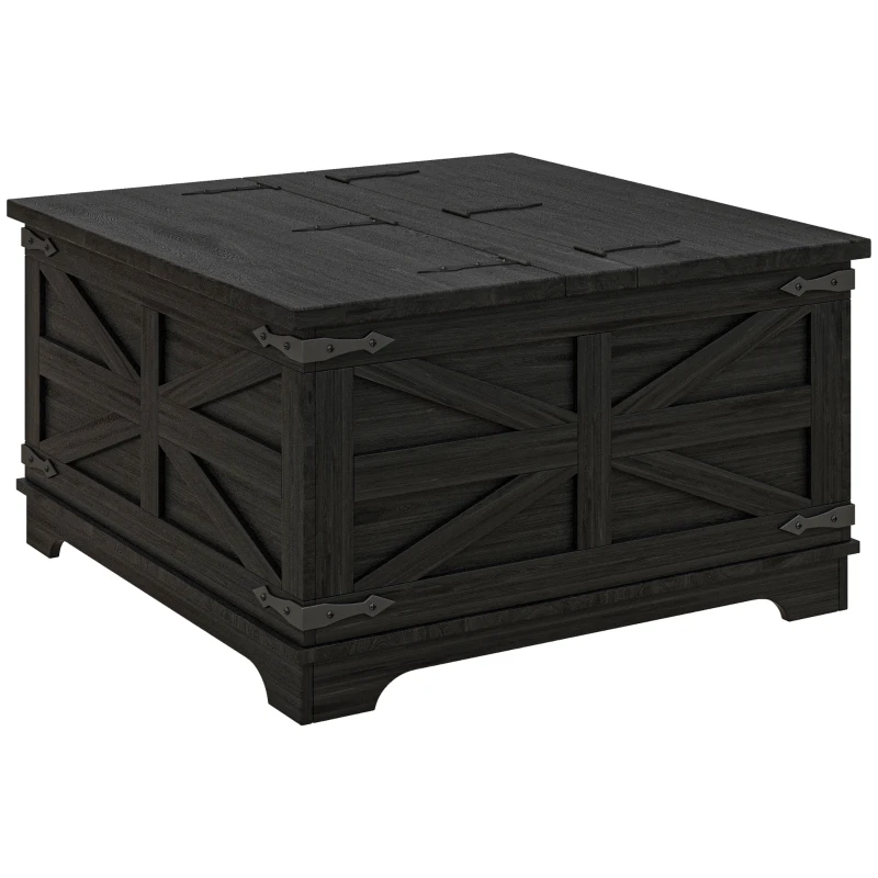 HOMCOM Farmhouse Coffee Table, Square Center Table with Flip-top Lids, Hidden Storage Compartment, Black