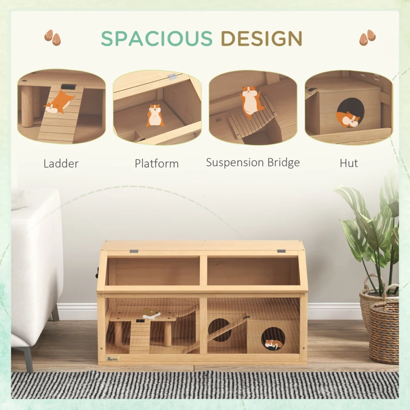 PawHut Rat Cage, Hamster Cage Wooden with Suspension Bridge, Ladders, Openable Top, Hut, Platform, for Gerbils Mice