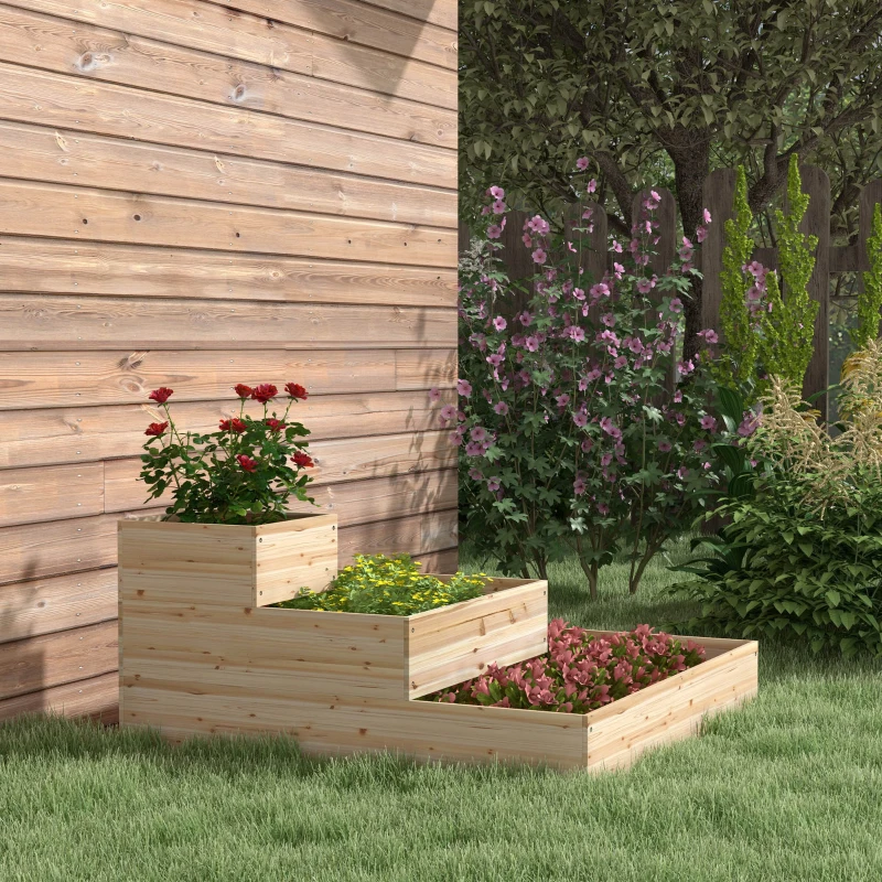 Outsunny Outdoor Elevated Planter Box, 3-Tier Wooden Raised Garden Bed for Vegetables, Flowers and Herbs, 43.3" x 43.3" x 20.1"