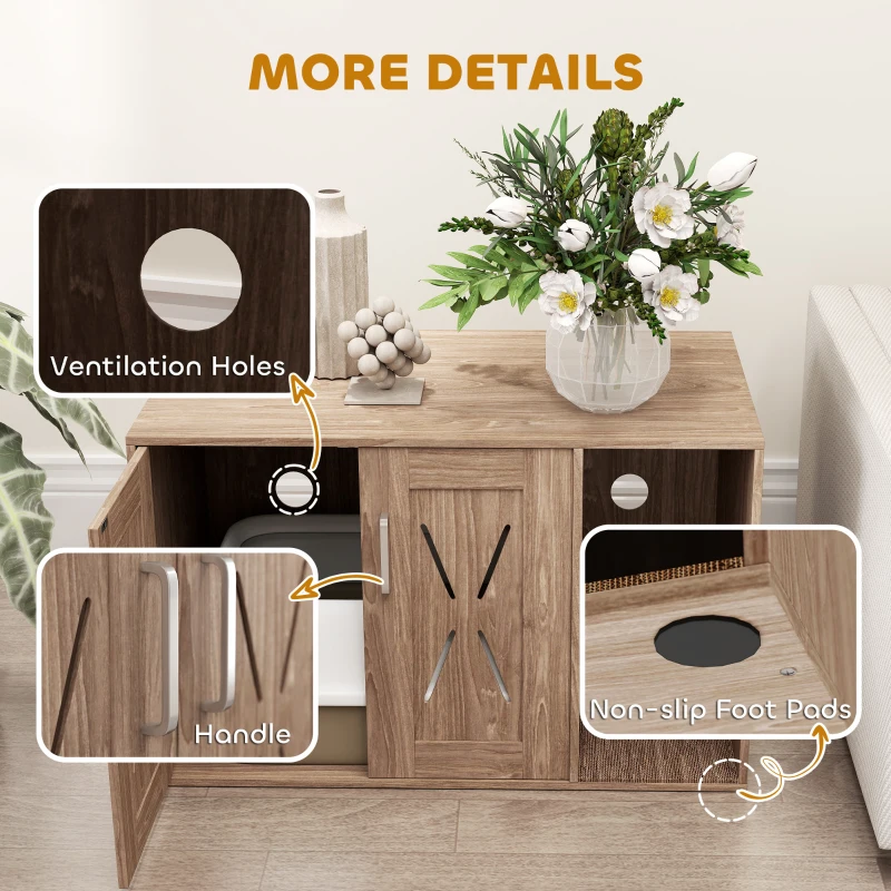 PawHut Cat Litter Box Enclosure with Scratching Board, Cat Washroom End Side Table, 31.5" x 19" x 20", Walnut Brown