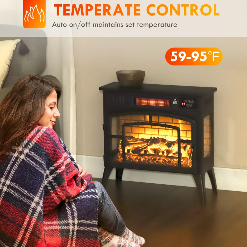 HOMCOM Electric Fireplace Stove, Infrared Fireplace Heater with Realistic Flame, Adjustable Temperature, 1500W, Black