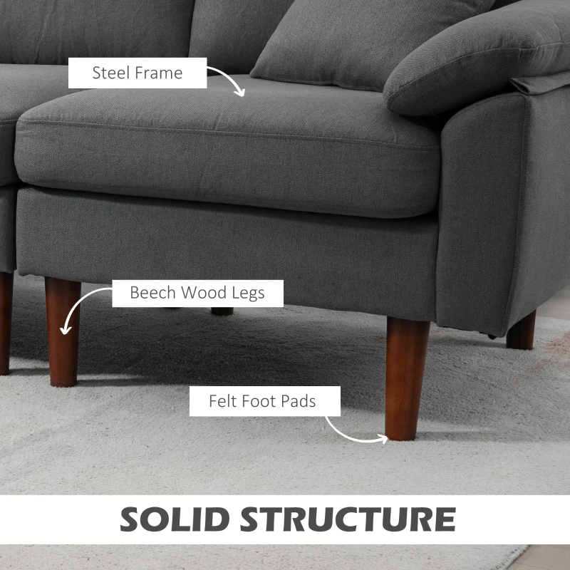 HOMCOM L-Shape Sofa, Modern Sectional Couch with Changeable Chaise Lounge, Pillows and Wooden Legs for Living Room, Dark Grey