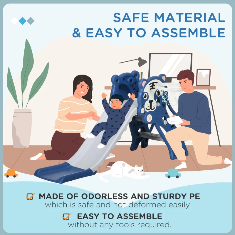 Qaba Slide for Kids with Basketball Hoop for Indoor Use, Easy Set Up Baby Slide for Kids 18-36 Months, Blue