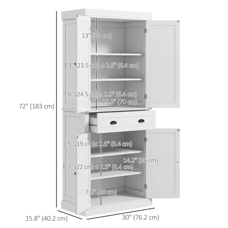 HOMCOM 72" Tall Pantry Cabinet, Kitchen Storage Cabinet with 4 Doors, Drawer and 2 Adjustable Shelves, White