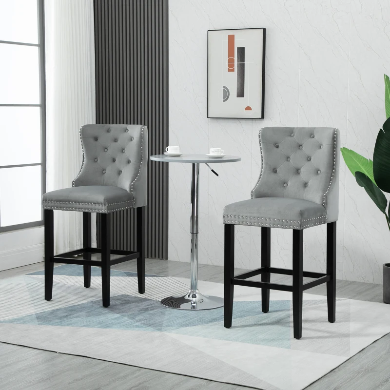 HOMCOM Upholstered Fabric Bar Stool Set of 2, Button Tufted 29.5" Seat Height Pub Chairs with Back & Wood Legs, Grey