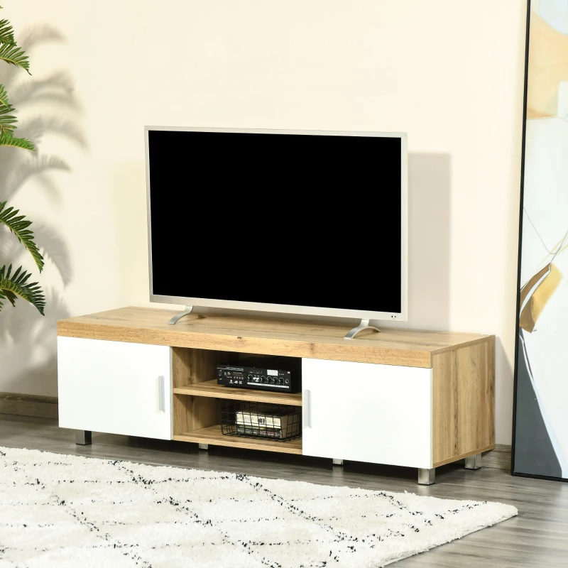 HOMCOM Modern TV Stand for TVs Up to 63 Inches, TV Cabinet with Storage Shelves and Cable Holes for Living Room Bedroom, Oak and White