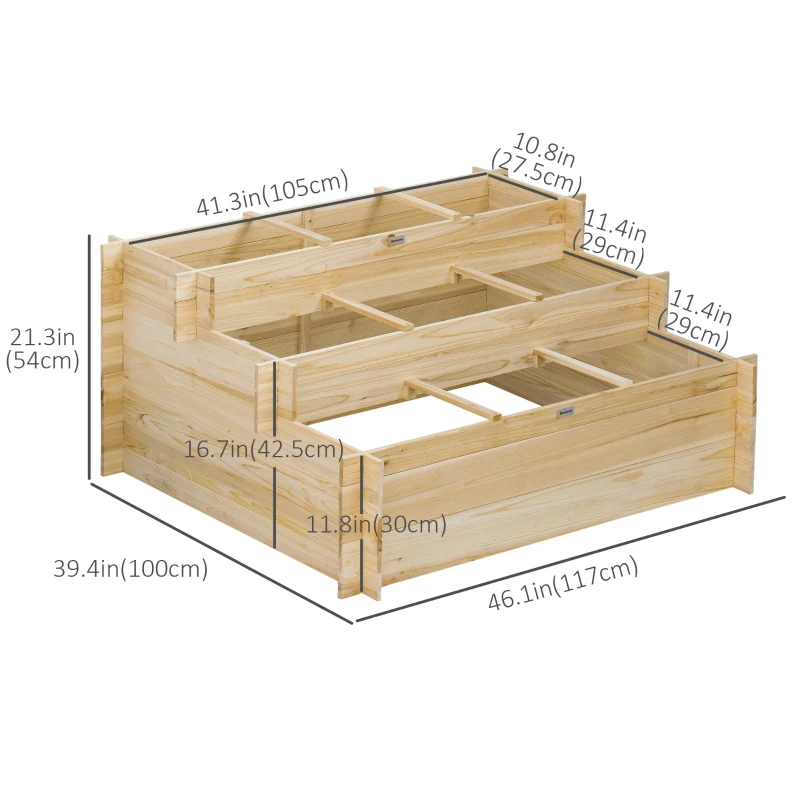Outsunny 3 Tier Raised Garden Bed with 9 Grow Grids and Bed Liner for Garden, Outdoor to Vegetables, Flowers, Natural