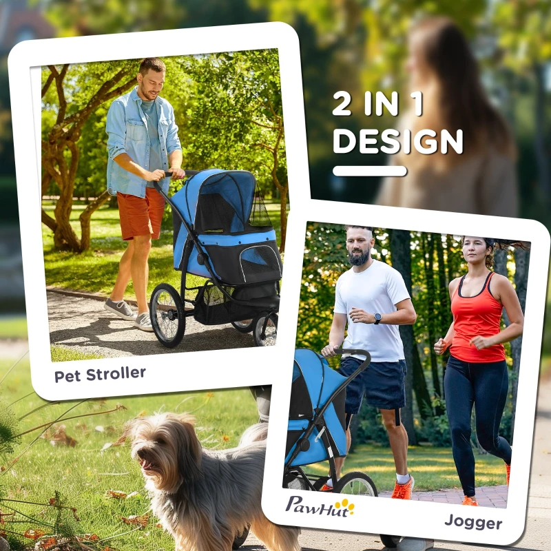 PawHut 3 Big Wheels Pet Stroller for Small, Medium Dogs, Cat Stroller Travel Folding Carrier with Adjustable Canopy, Blue
