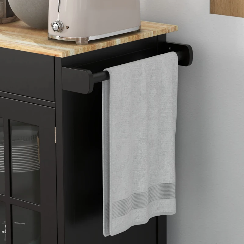 HOMCOM Rolling Kitchen Cart with Drawer and Glass Door Cabinet, Kitchen Island on Wheels with Towel Rack, Black