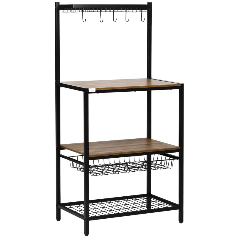 HOMCOM Industrial Multifunctional Kitchen Bakers Rack, Microwave Stand, Coffee Bar Station with Storage Shelves, Wire Basket, 5 Hanging Hooks, Walnut