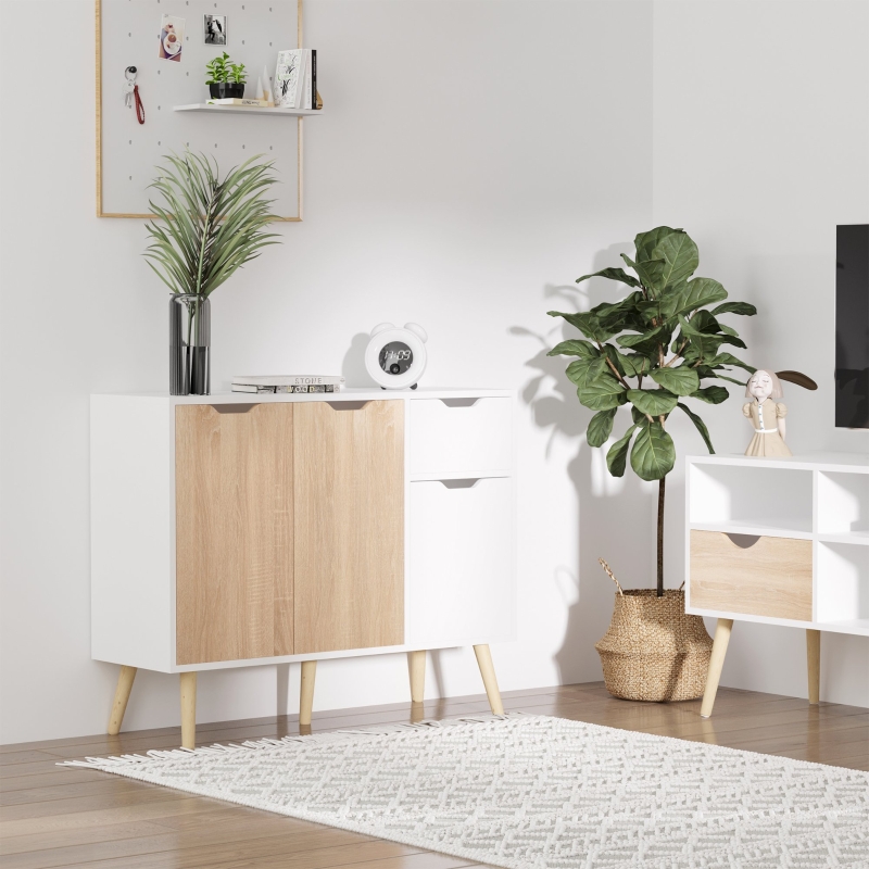 HOMCOM 35" Sideboard Storage Cabinet with Drawer, White and Nature Wood