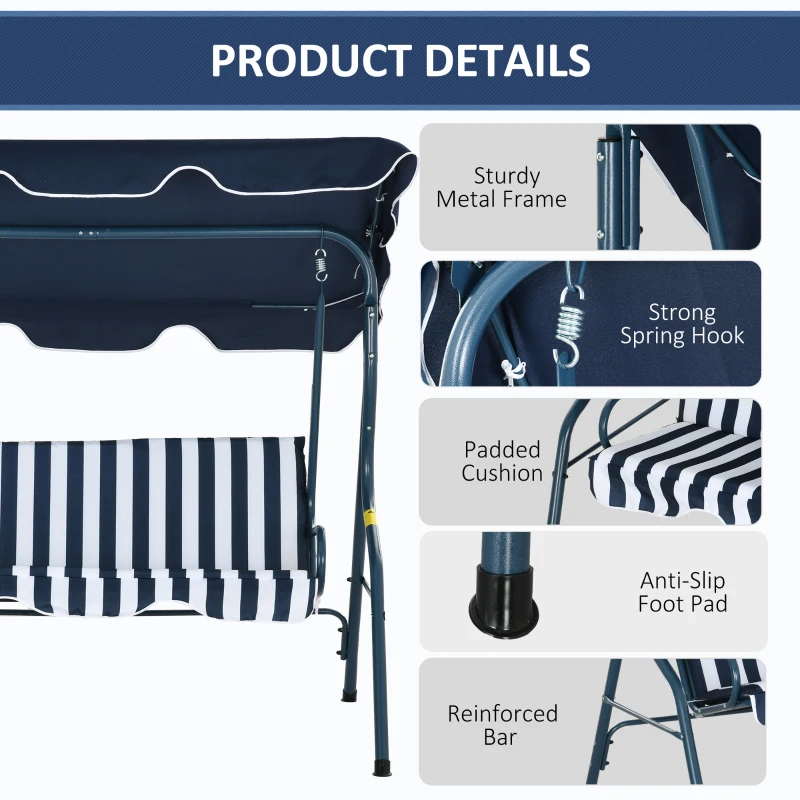 Outsunny Outdoor Porch Swing with Adjustable Canopy, 3-Seater Patio Swing Chair with Cushion, Blue
