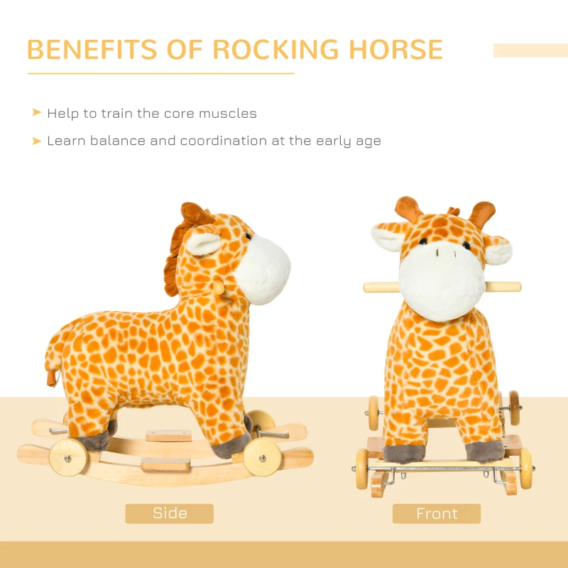 Qaba Rocking Horse, 2 in 1 Kids Ride on Horse, Rolling Giraffe Animal Rocker with Sound, Wooden Base, Pedal, Grip Handle, Plush Riding Pony for 3-6 Years Old, Yellow