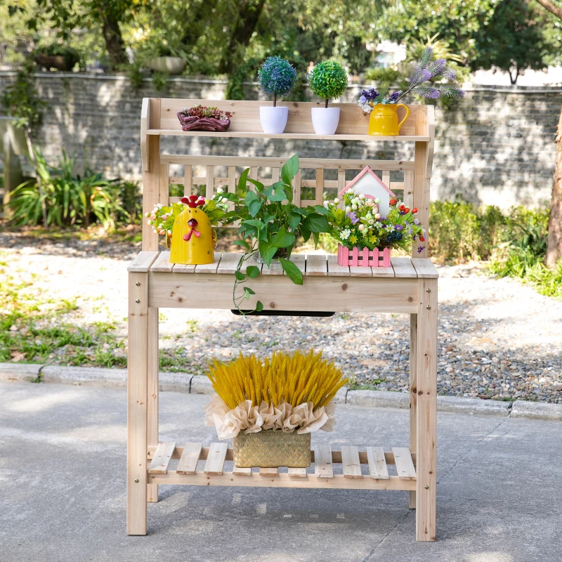 Outsunny Outdoor Potting Bench with Sliding Tabletop, Storage Shelf and Dry Sink, 2-Level Gardening Table, Wooden Workstation for Greenhouse, Garden, Patio, Natural
