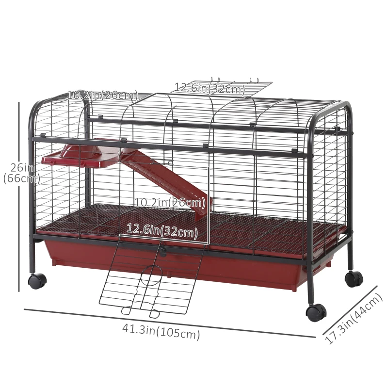 PawHut 42”Metal Wire Small Animal Pet Cage with EasyWheels for Portability & Spacious Multi-Level Design, Red and Black